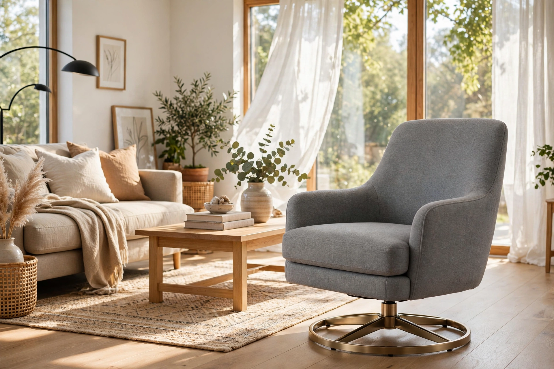 Gray Fabric Swivel Accent Chair In A Bright Living Room