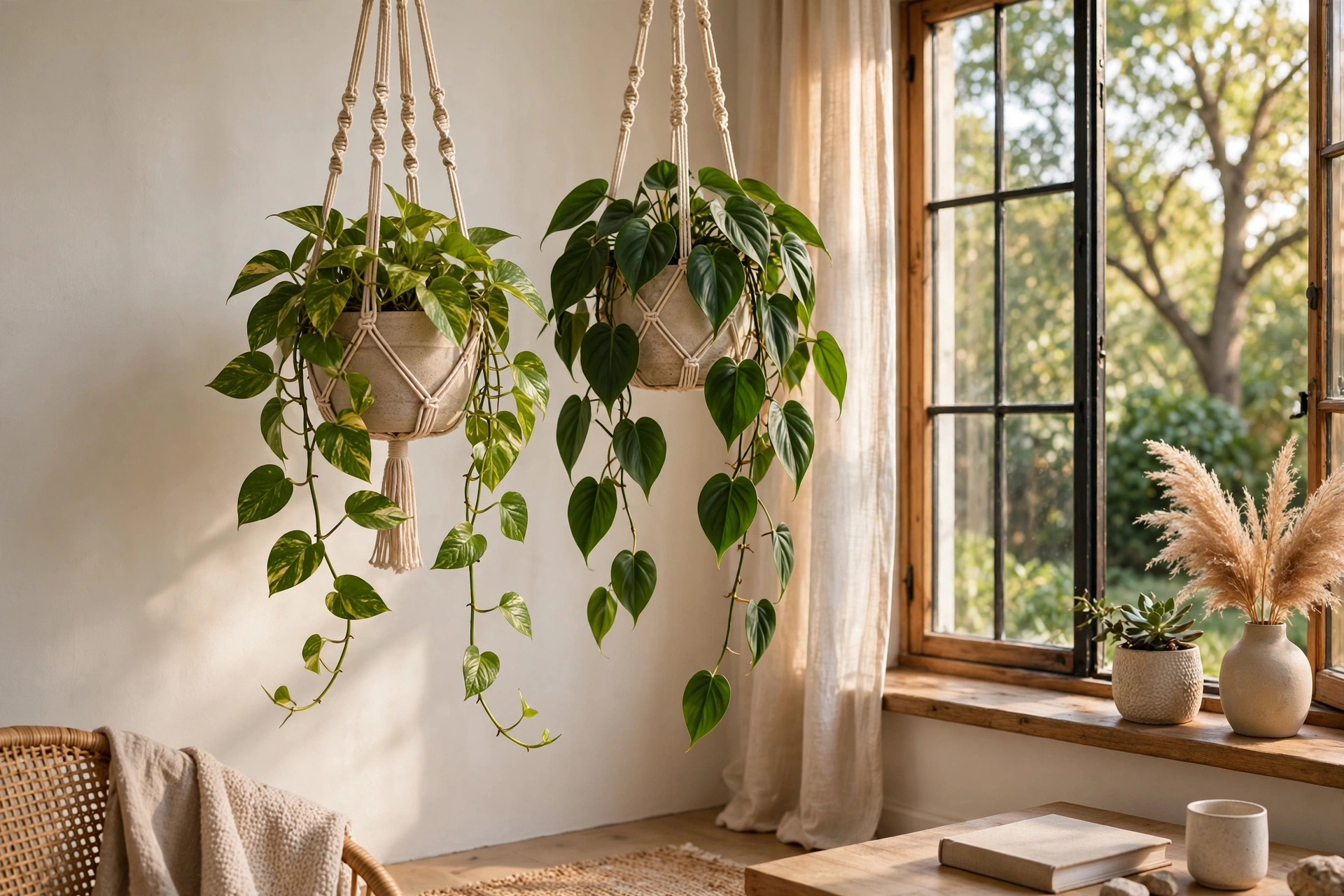 Trailing Pothos And Philodendron Plants Hanging In Planters Near A Window