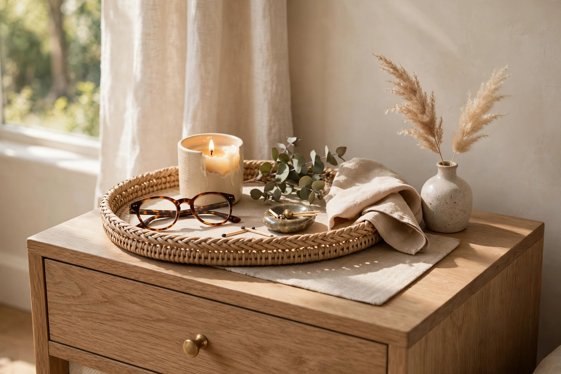 Decorative Tray On Nightstand With Glasses And Candle