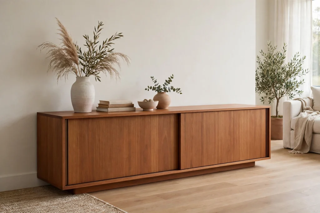Long low teak credenza with sliding doors styled with vase and books in a living room