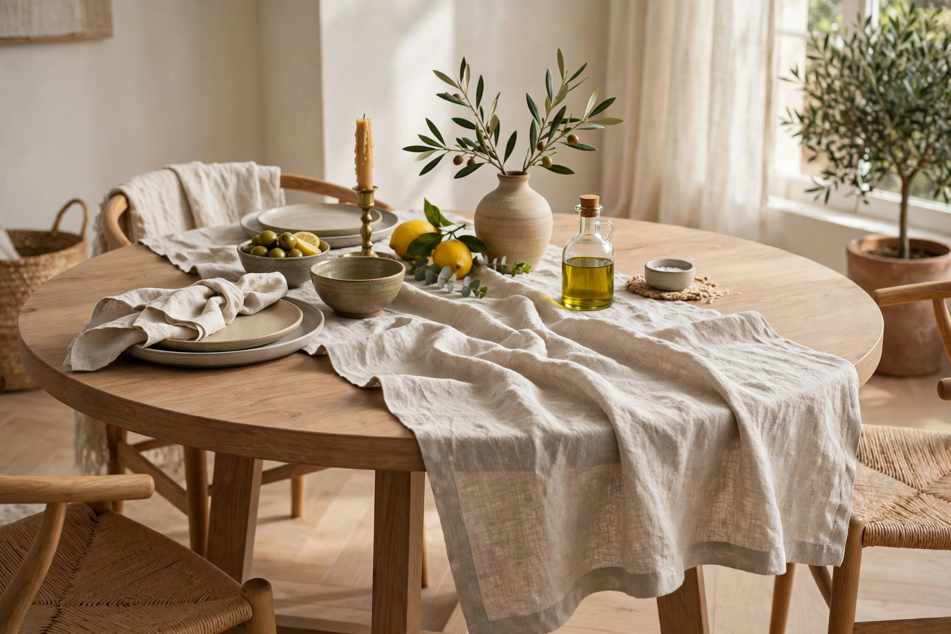 Linen Table Runner Draped Across a Round Dining Table