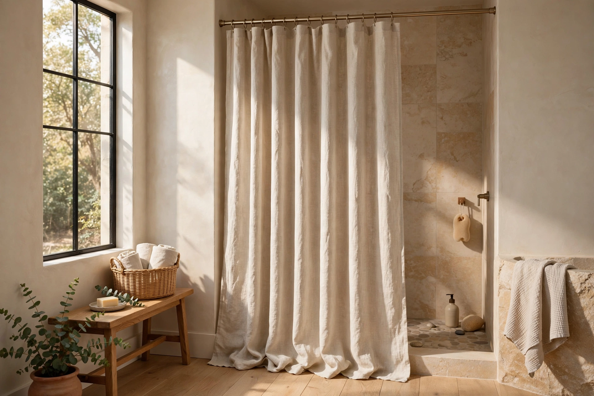 Natural Linen Look Shower Curtain With Soft Drapes
