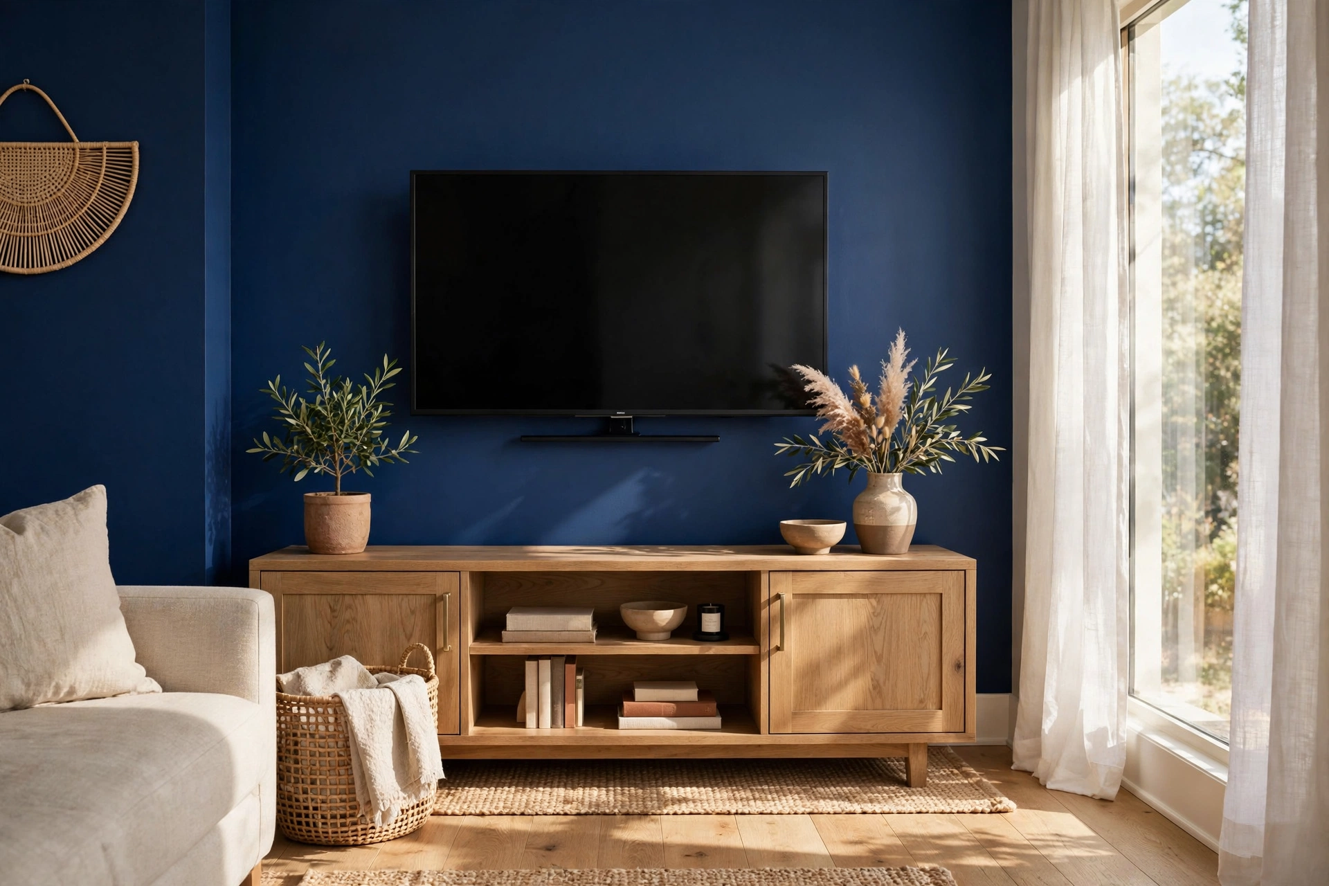 TV Mounted On A Bold Navy Blue Accent Wall
