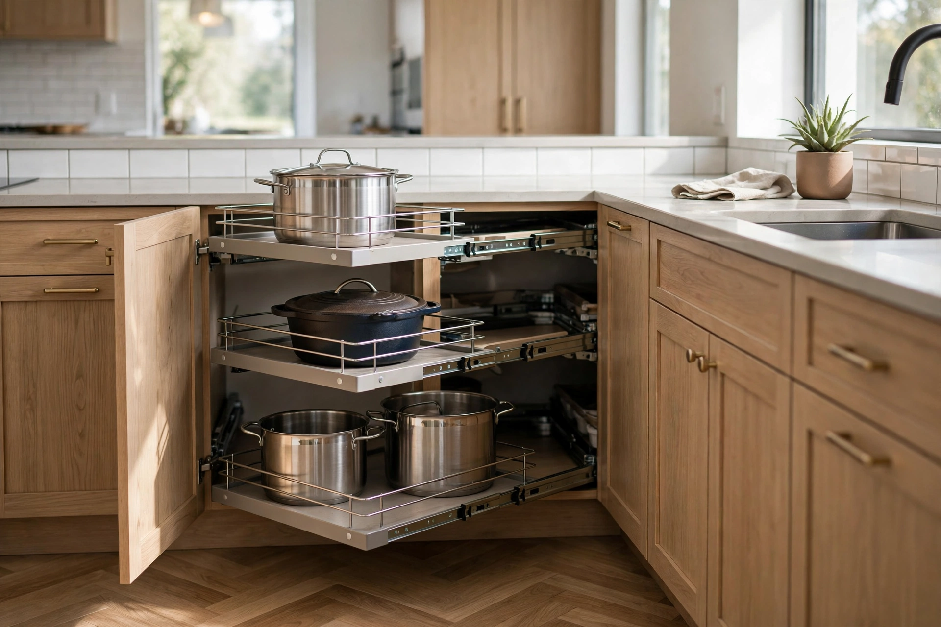 Pull Out Corner Shelving Gliding From Cabinet