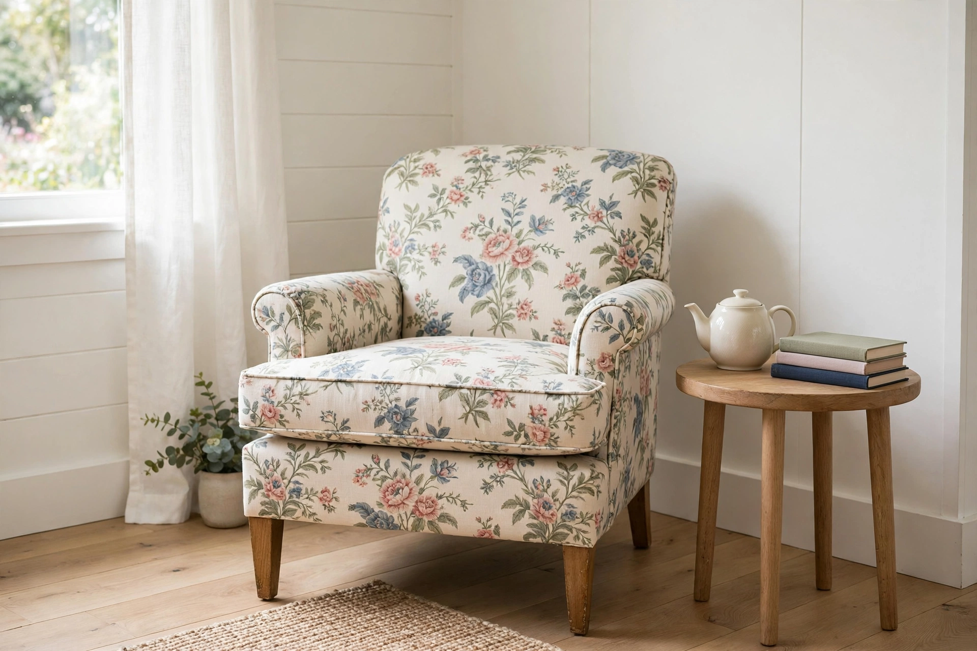 Vintage floral chintz armchair in a sunny cottage living room reading corner