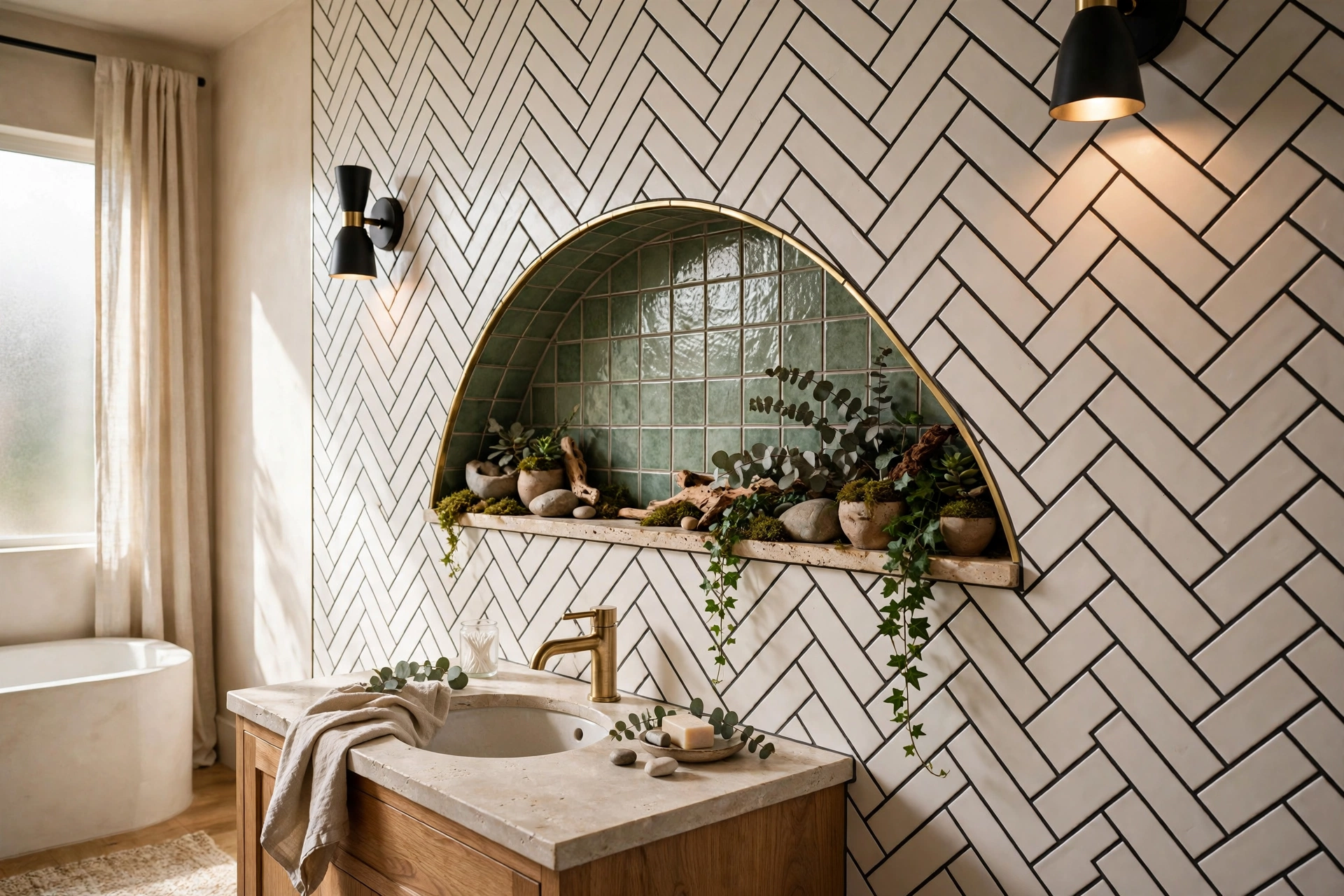 Subway Tile Accent Wall With A Twist In Bathroom