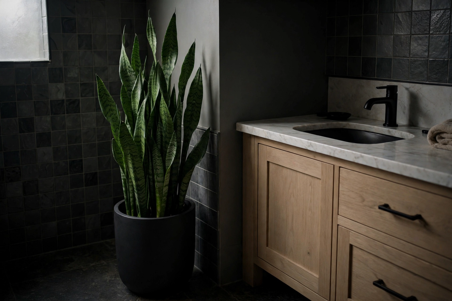 Snake Plant In Low Light Bathroom Corner