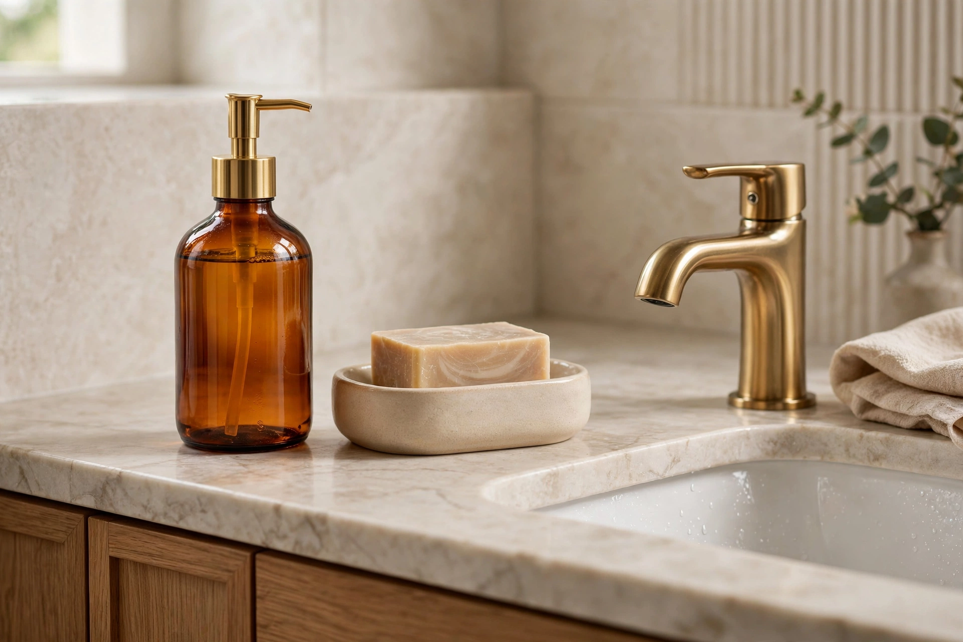 Matching Soap Dispensers And Dishes On Sink