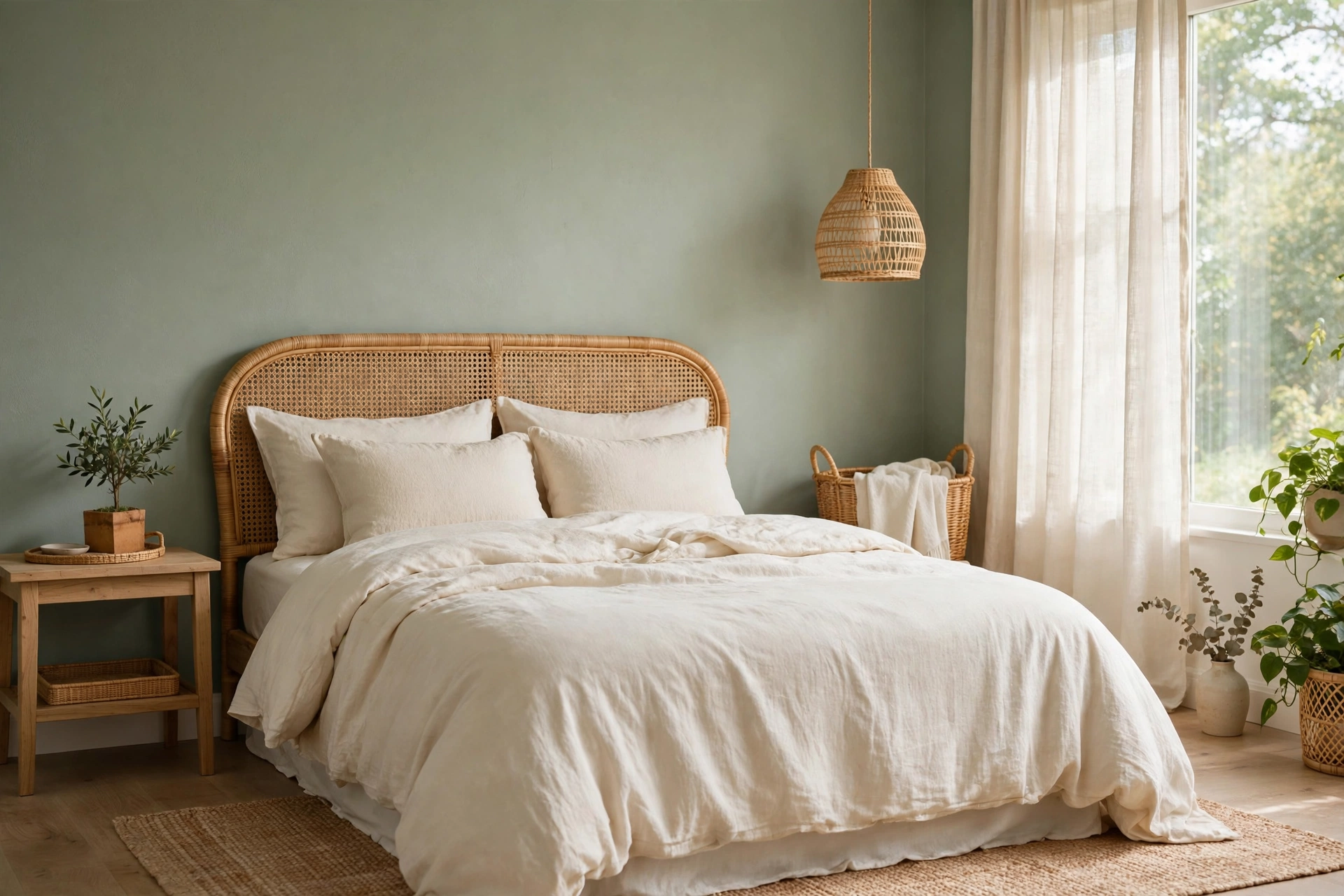 Tranquil Bedroom With Sage Green Walls And Cream Bedding