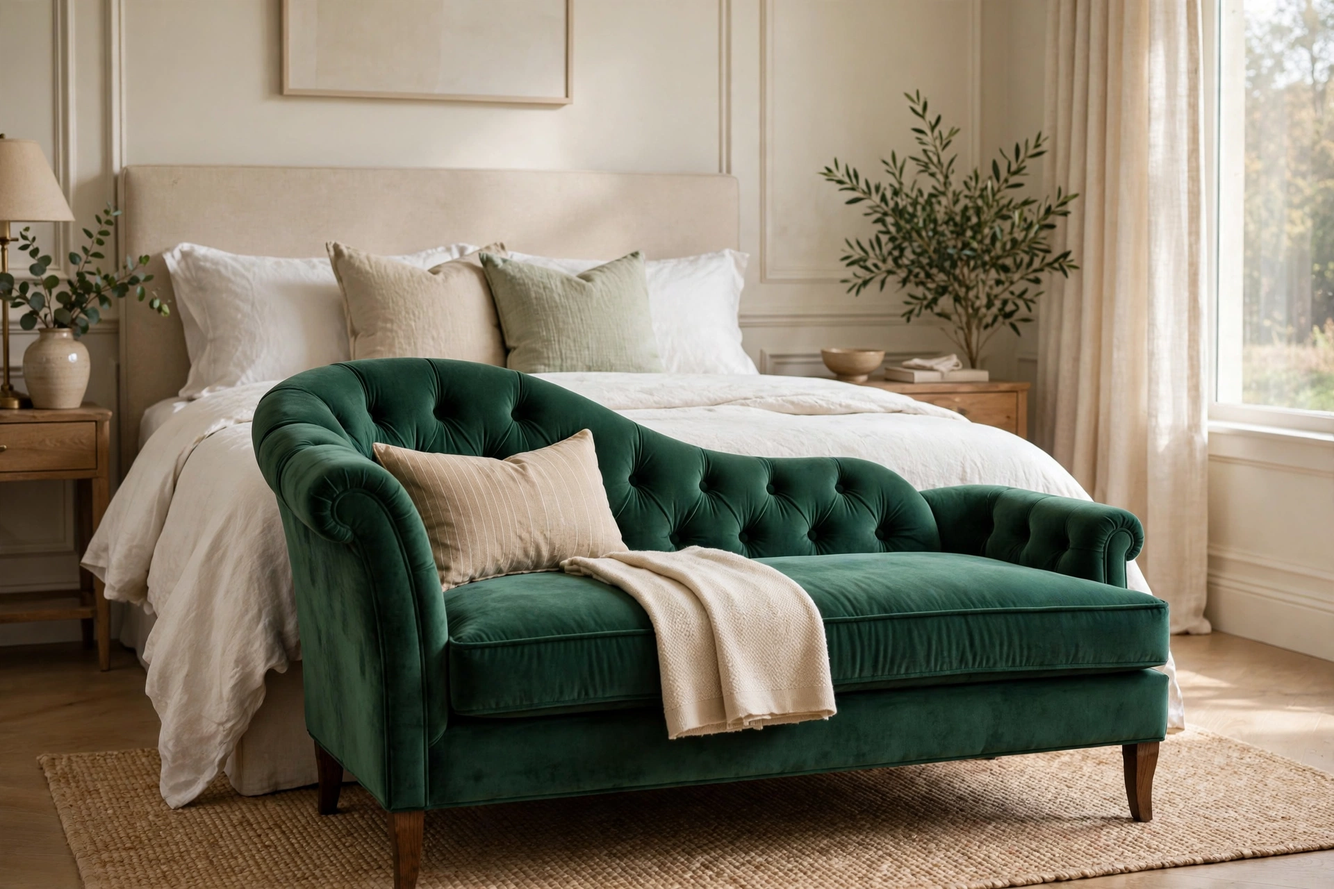 Velvet Chaise Lounge At Foot Of Bedroom Bed