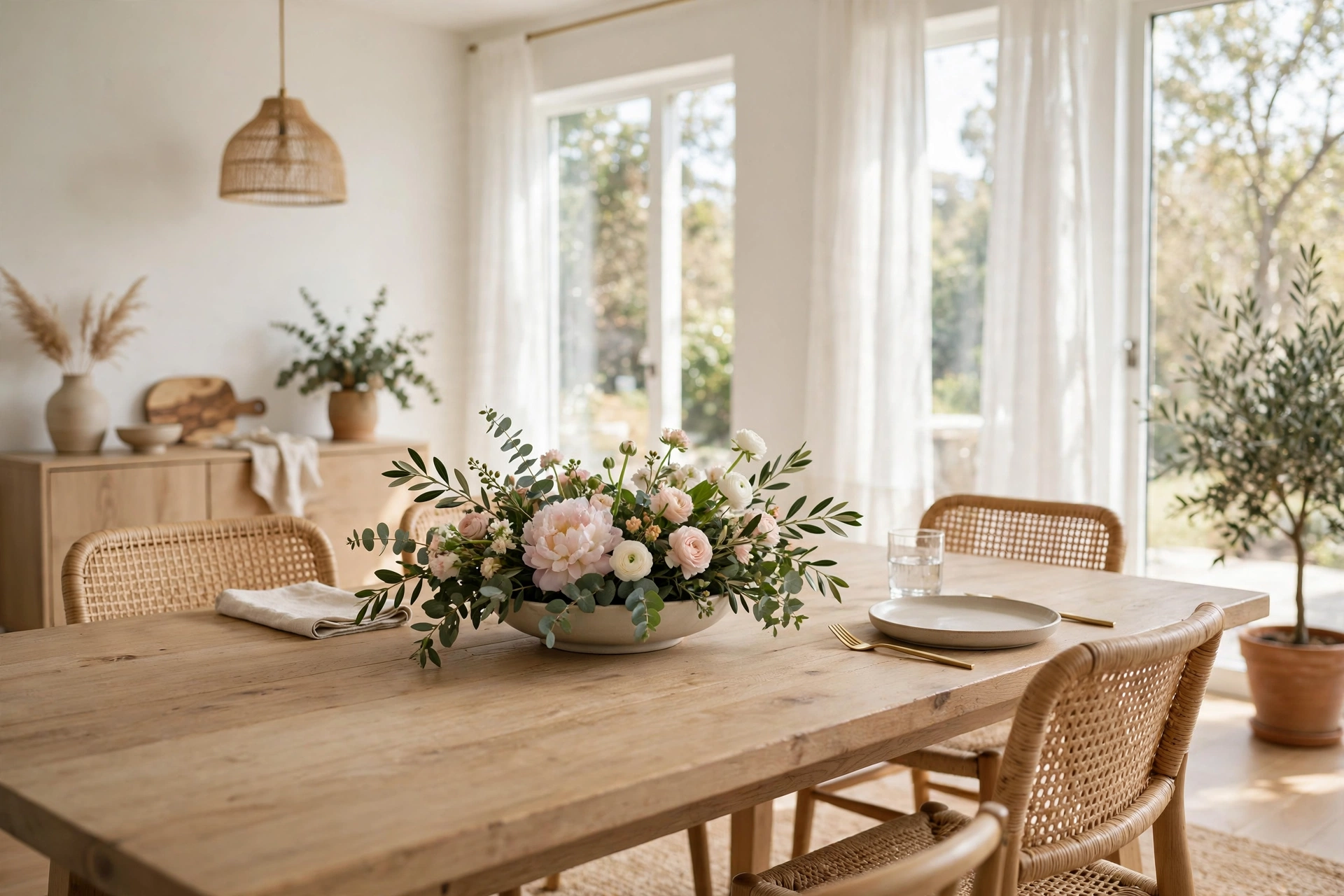 Low Floral Centerpiece On Dining Table For Conversation