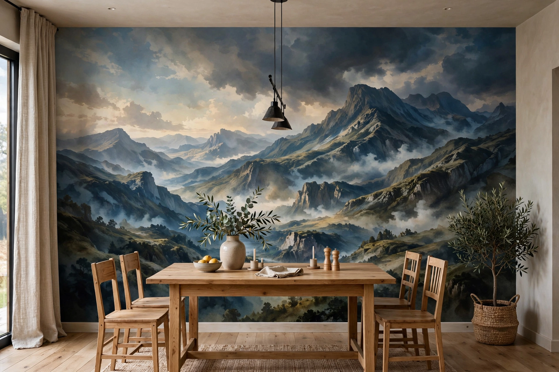 Dining Room With Large Scale Landscape Wallpaper Mural