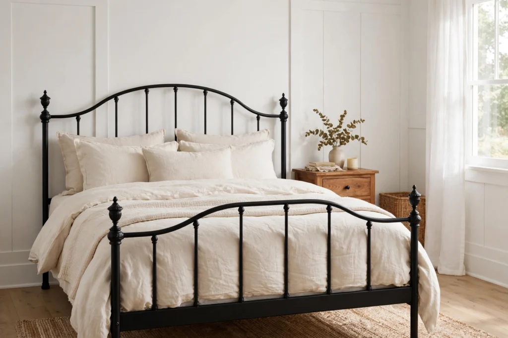 Black iron bed frame with curved headboard in a farmhouse bedroom with cream linen bedding