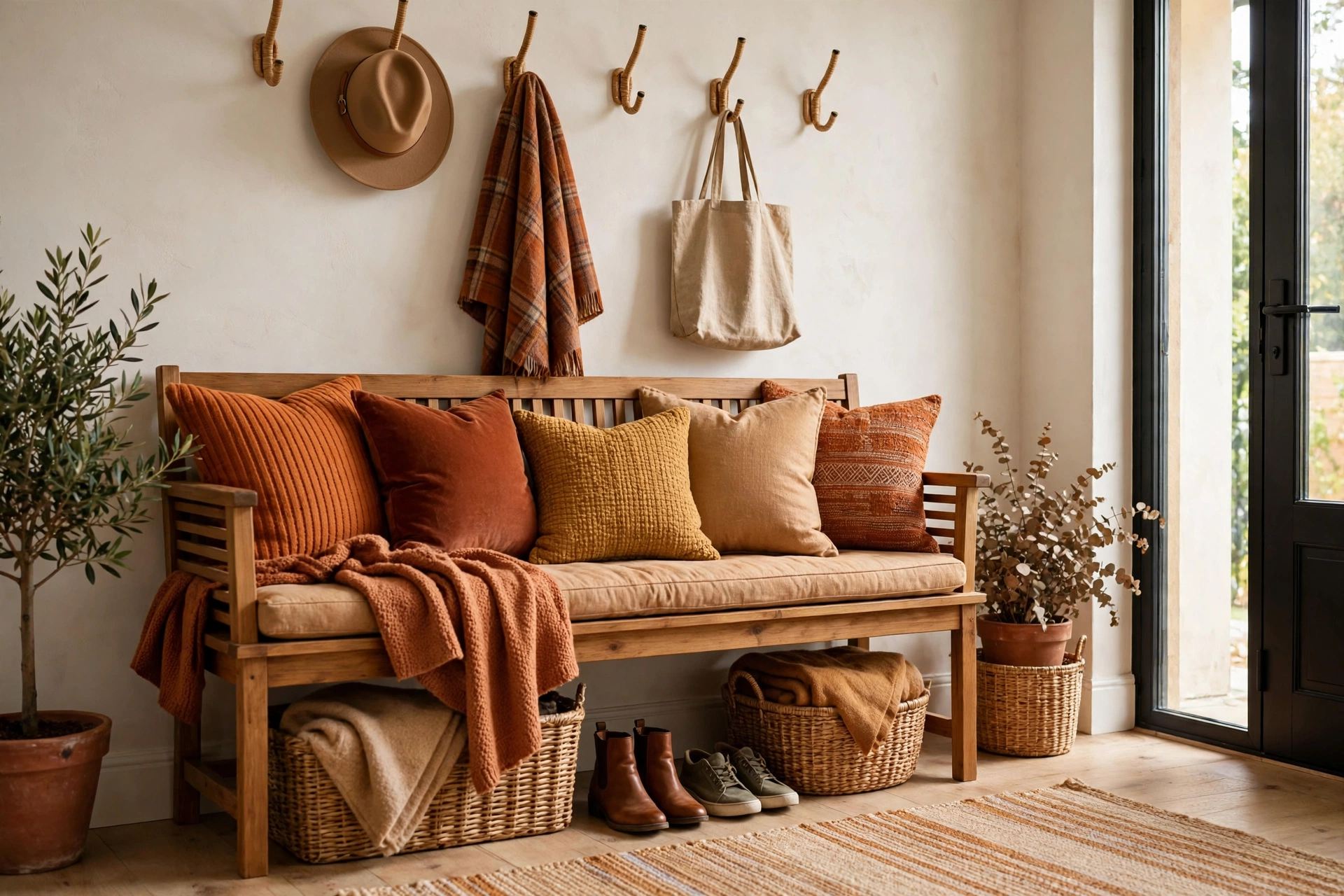 Entryway Bench With Layered Cushions And Throw Pillows