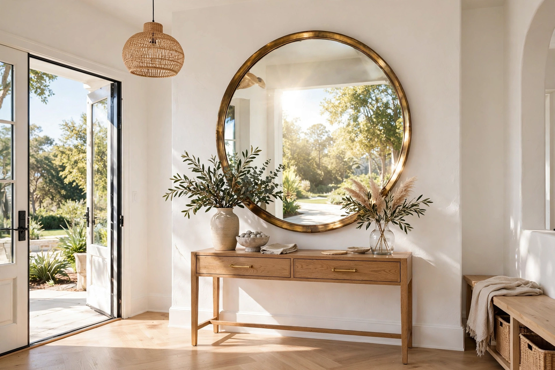 Oversized Round Mirror Bouncing Light In Entryway