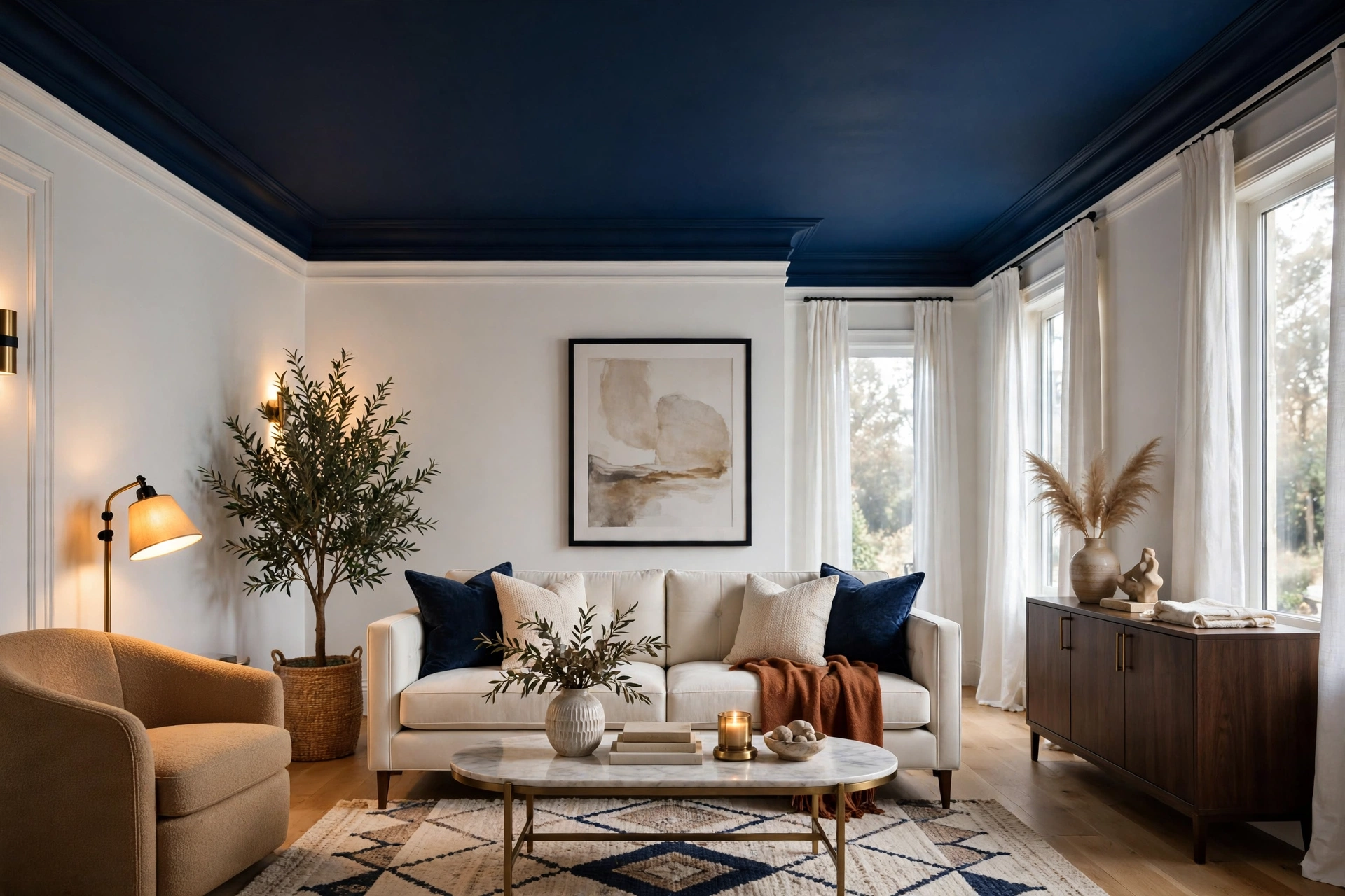 Bold Navy Painted Ceiling In A Stylish Living Room