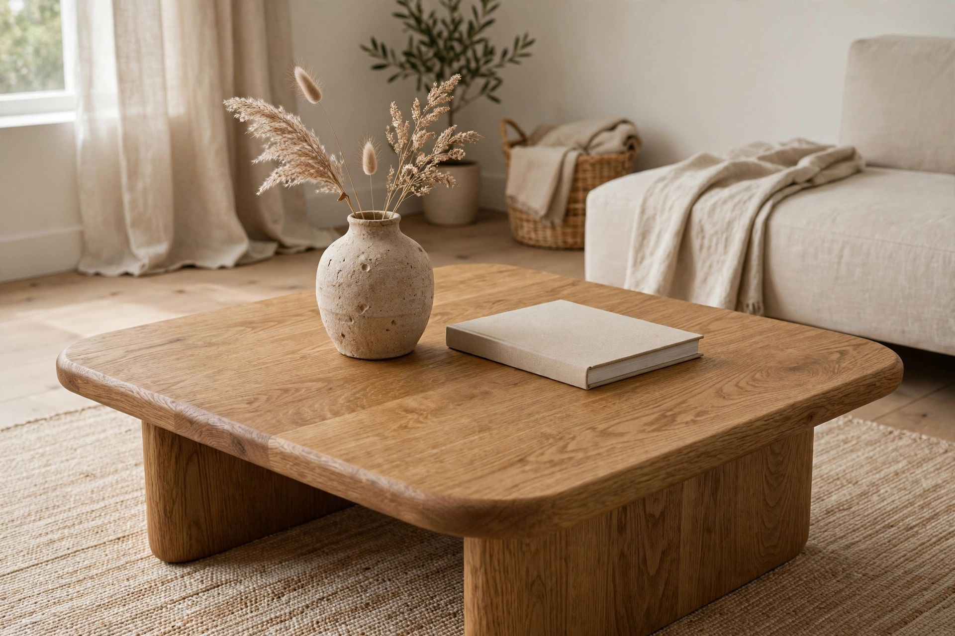 Solid oak coffee table with rounded edges styled with ceramic vase