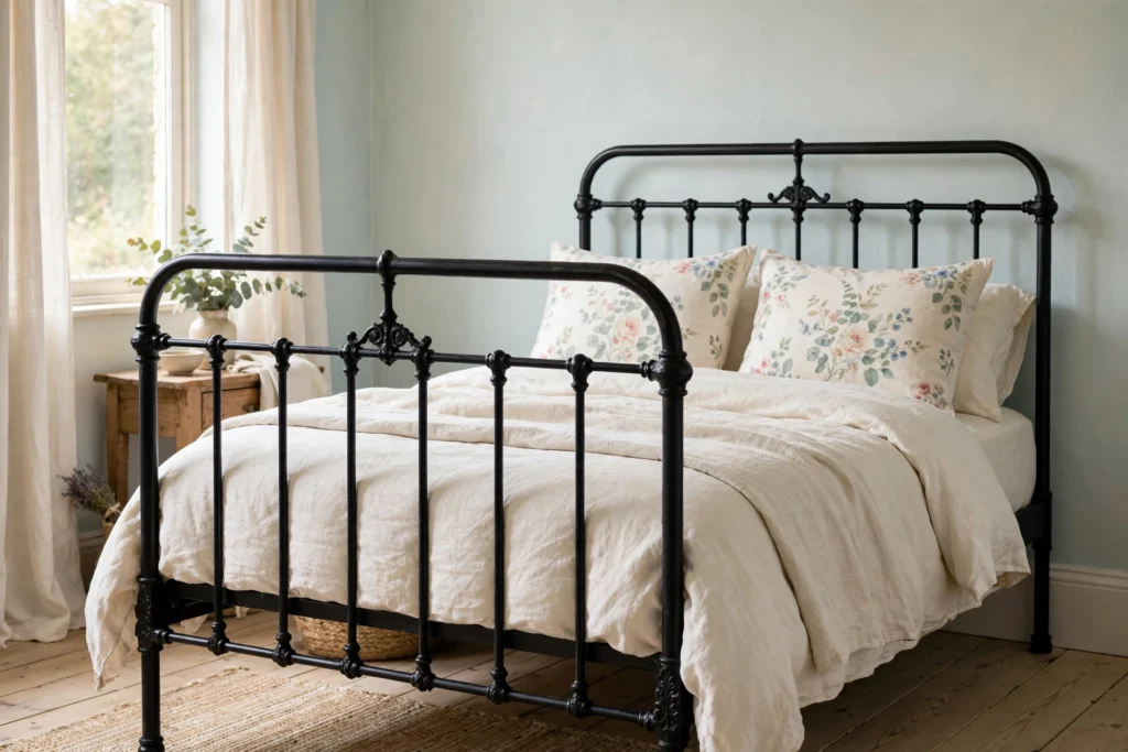 Black iron bed frame with curved finials and soft linen bedding in a cottage bedroom