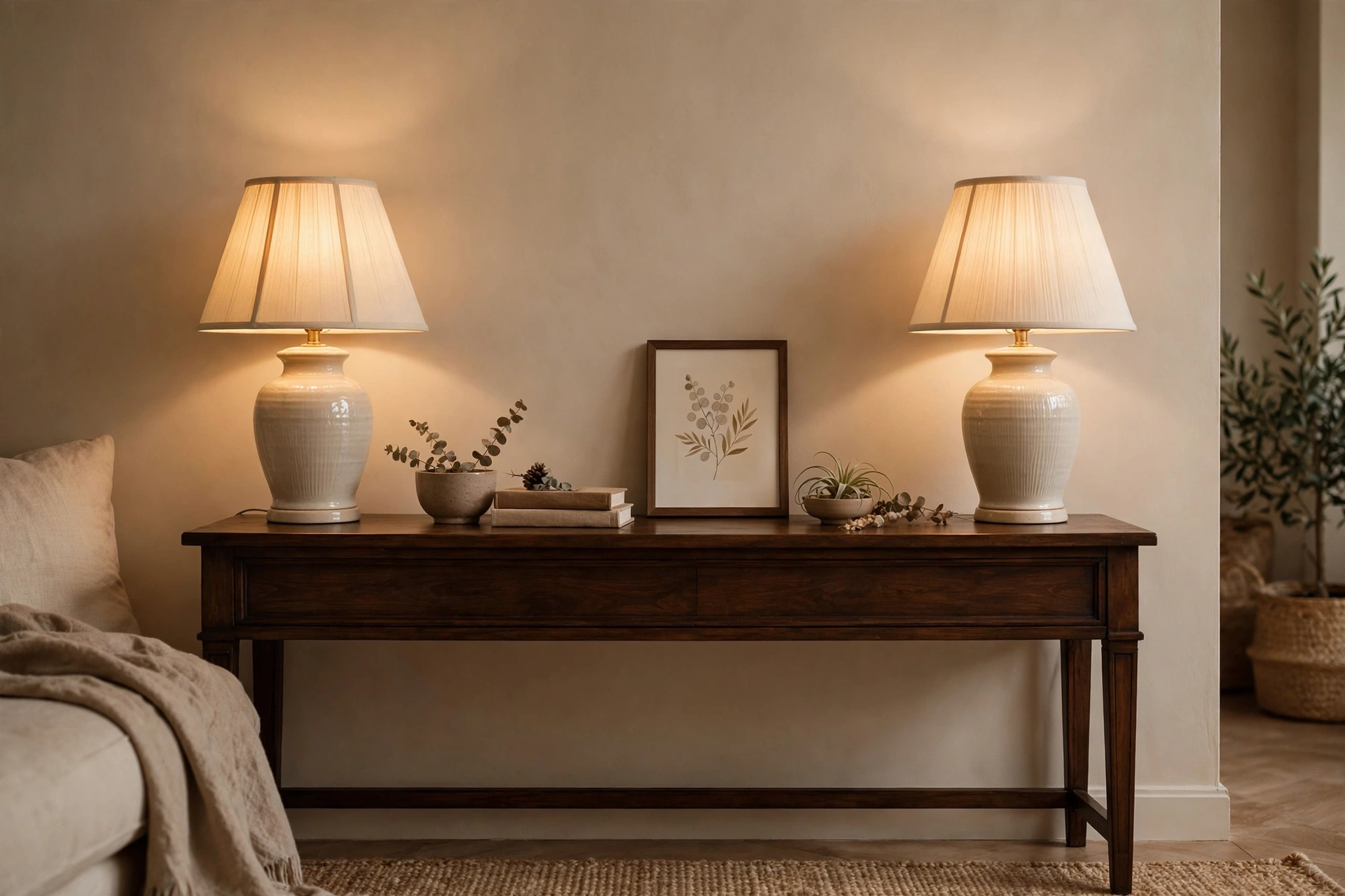 Console Table With Symmetrical Matching Table Lamps