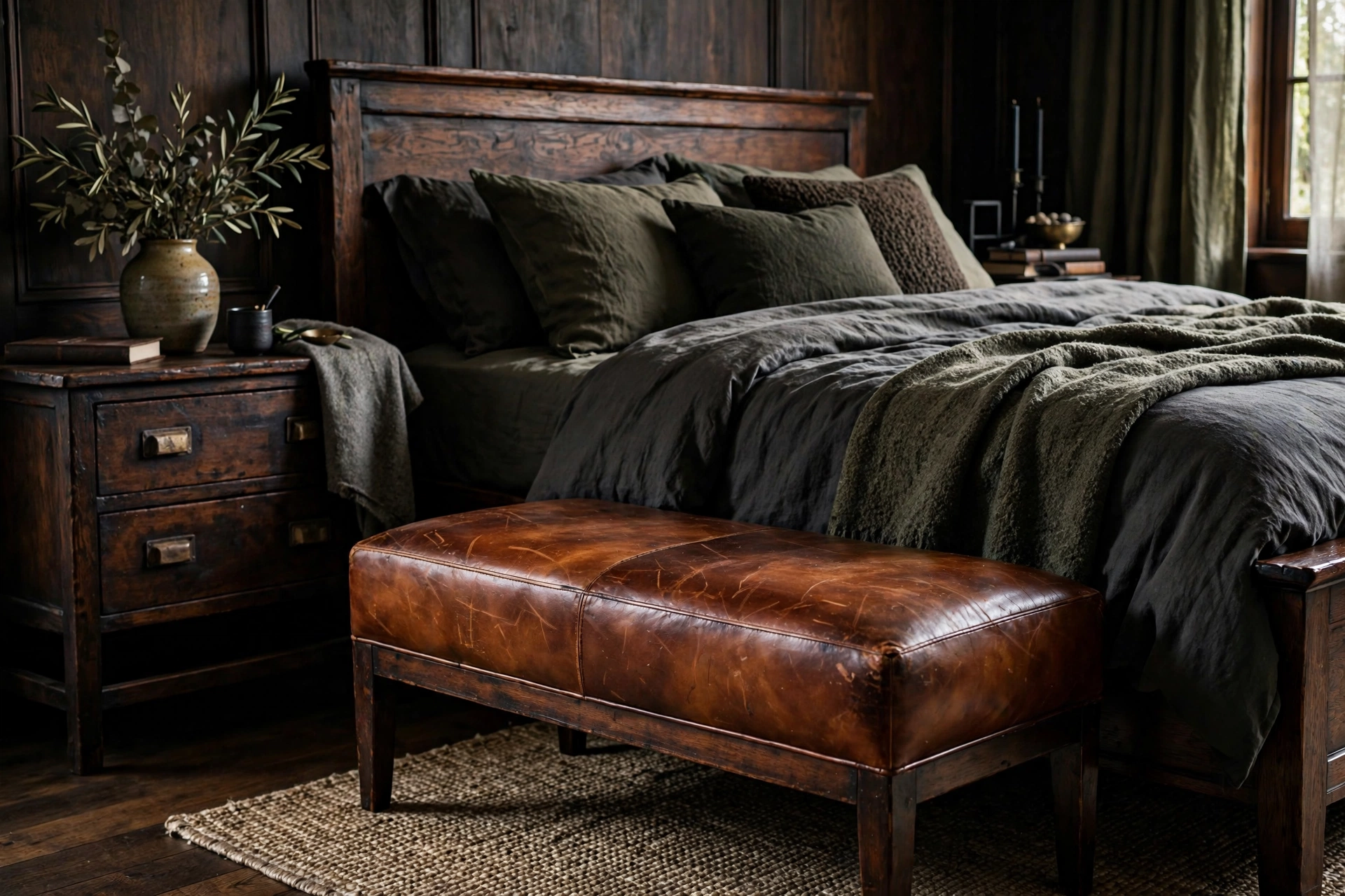 Masculine Bedroom With Leather Accents Aging Beautifully