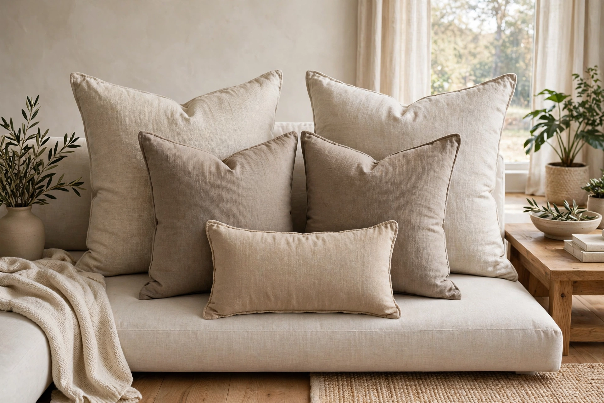 Layered Throw Pillows In Graduated Sizes On Living Room Sofa