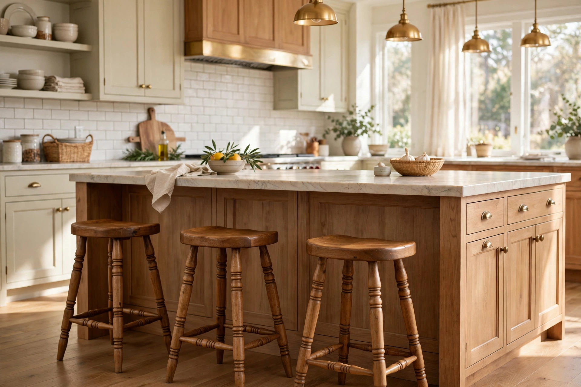Classic wooden counter stools with turned legs at a kitchen island
