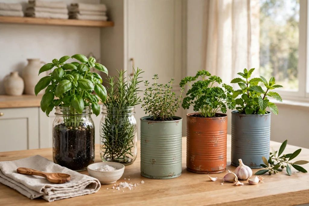 Herbs growing in mason jars and painted tin cans on a kitchen counter