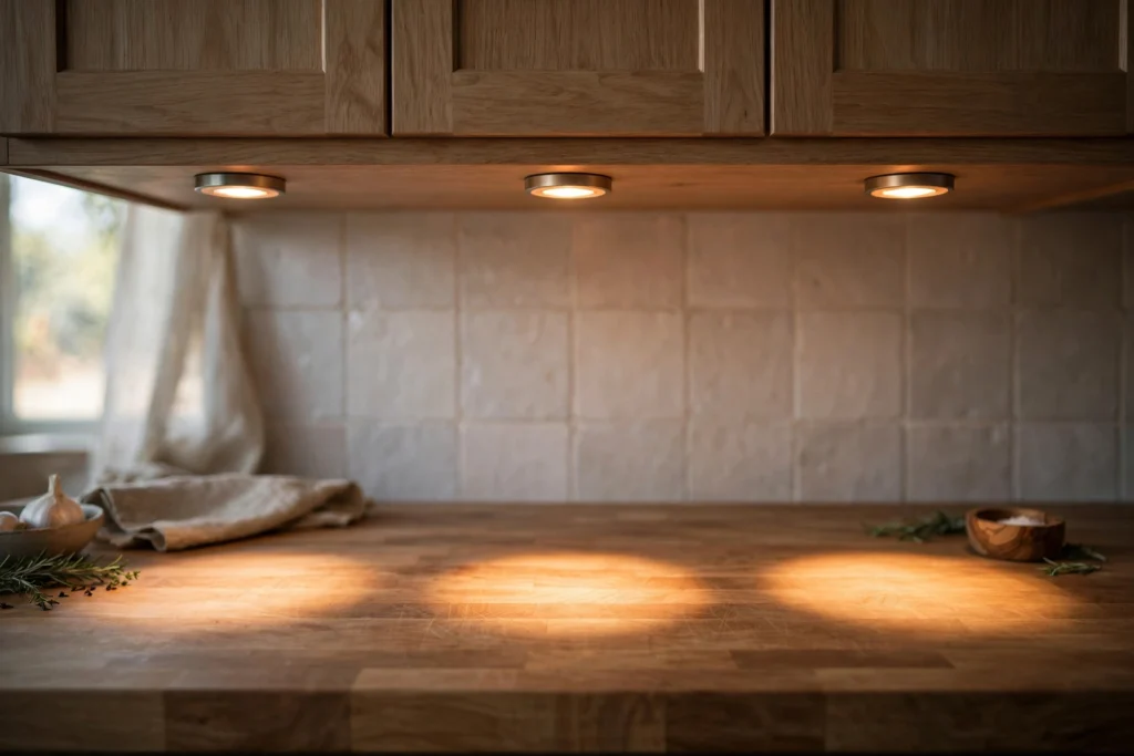 Small round puck lights creating focused light pools on a kitchen counter