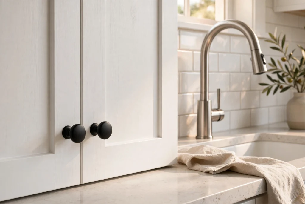 Matte black knobs on white kitchen cabinets beside a stainless steel faucet