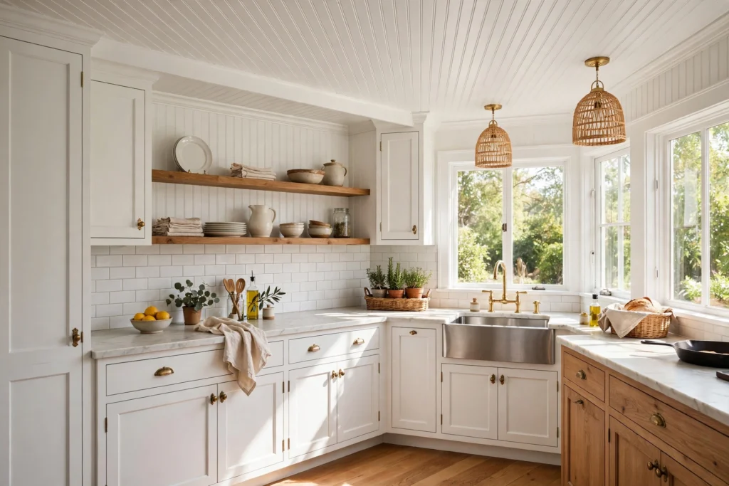 White beadboard ceiling adding cottage texture to a bright kitchen