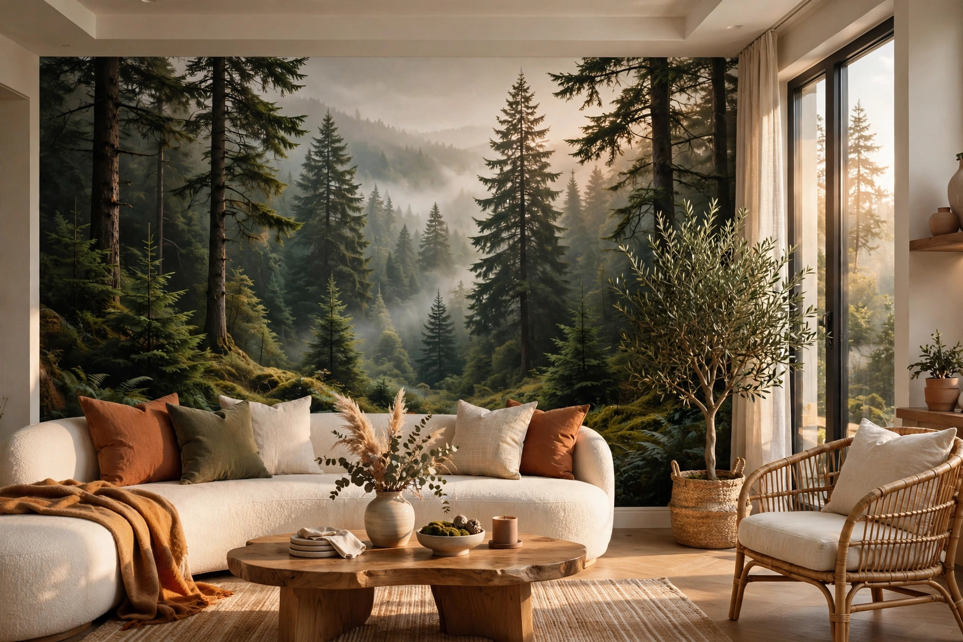 Full-wall forest mural wallpaper creating a dramatic living room backdrop