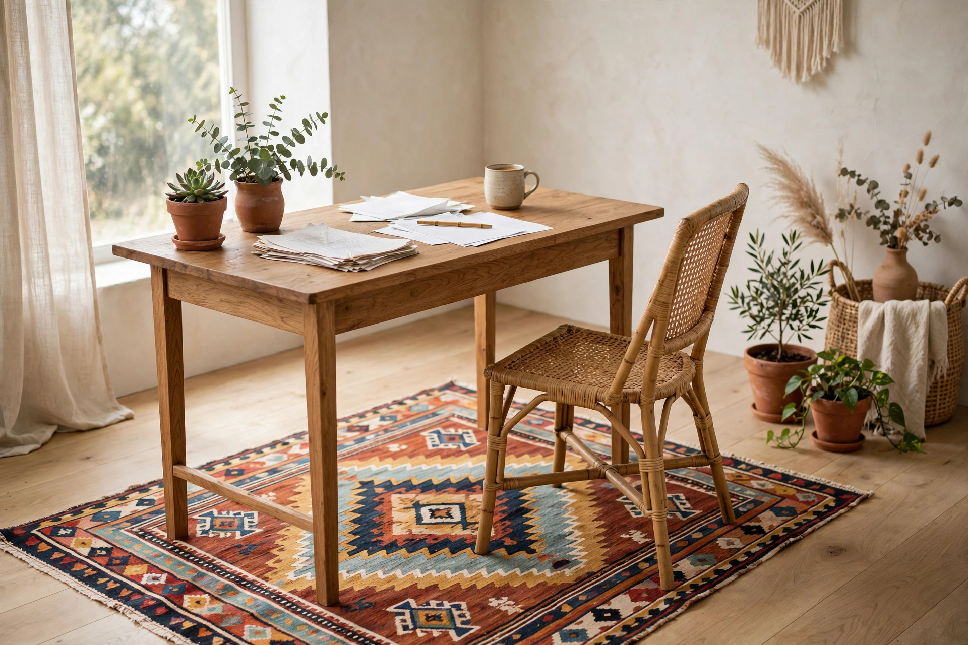 Colorful kilim rug layered under a wooden desk in a boho home office