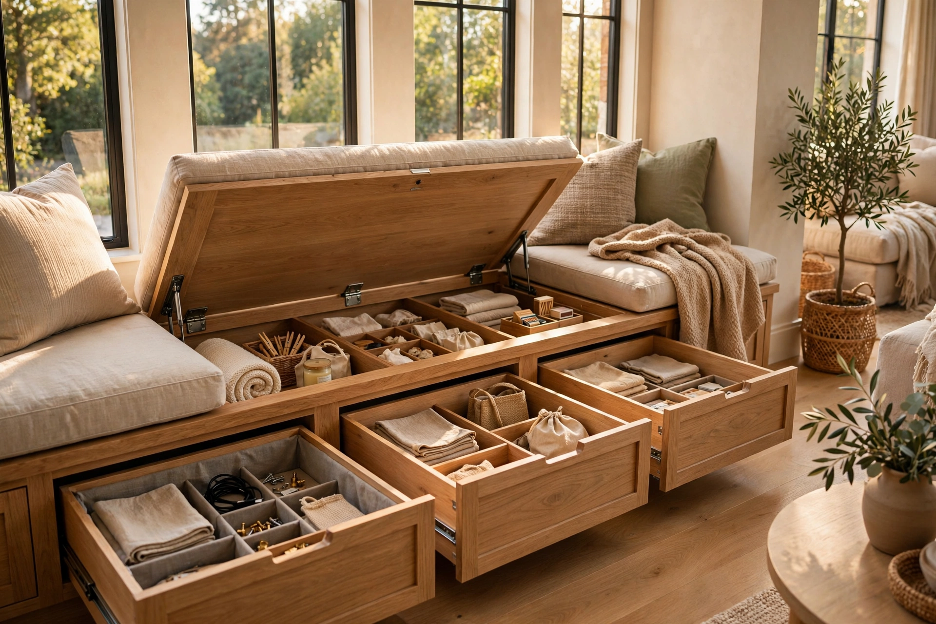 Window seat with open storage drawers and hinged lid revealing hidden compartments