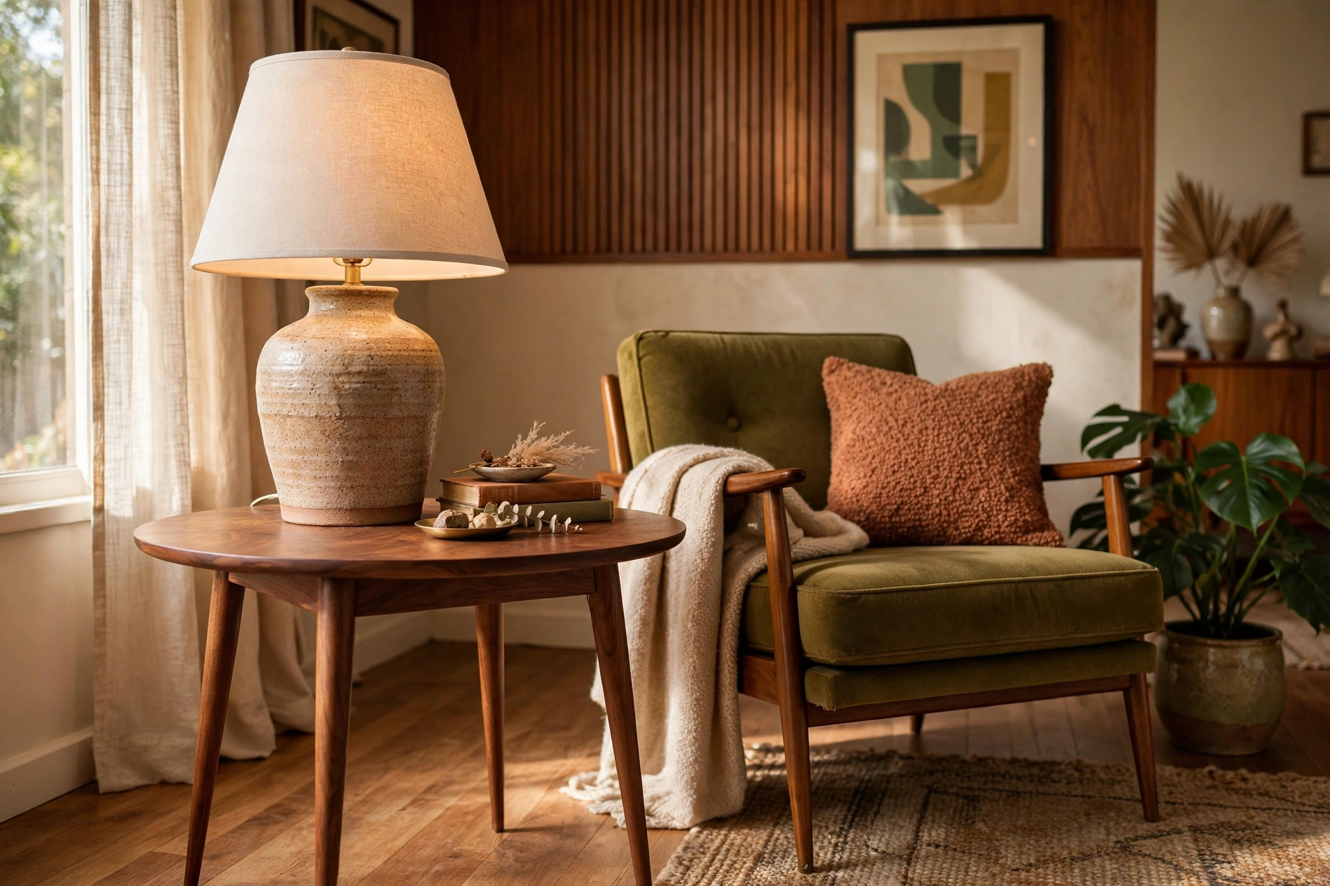 Mid-century modern side table with tapered legs styled with a ceramic lamp