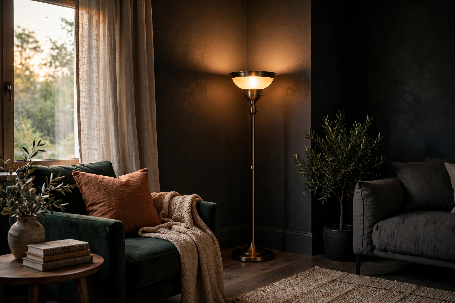 Torchiere floor lamp casting warm uplight in a dark living room corner