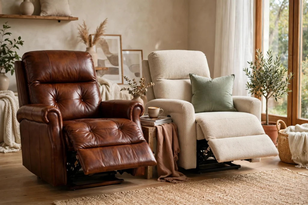 Leather recliner beside a fabric recliner showing upholstery options in a living room