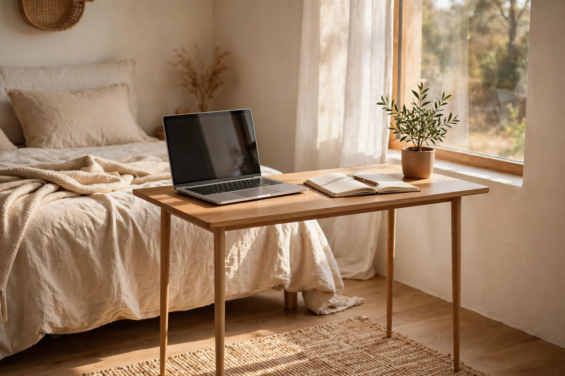 Slim compact wooden desk with thin legs holding a laptop, notebook, and small plant in a bedroom