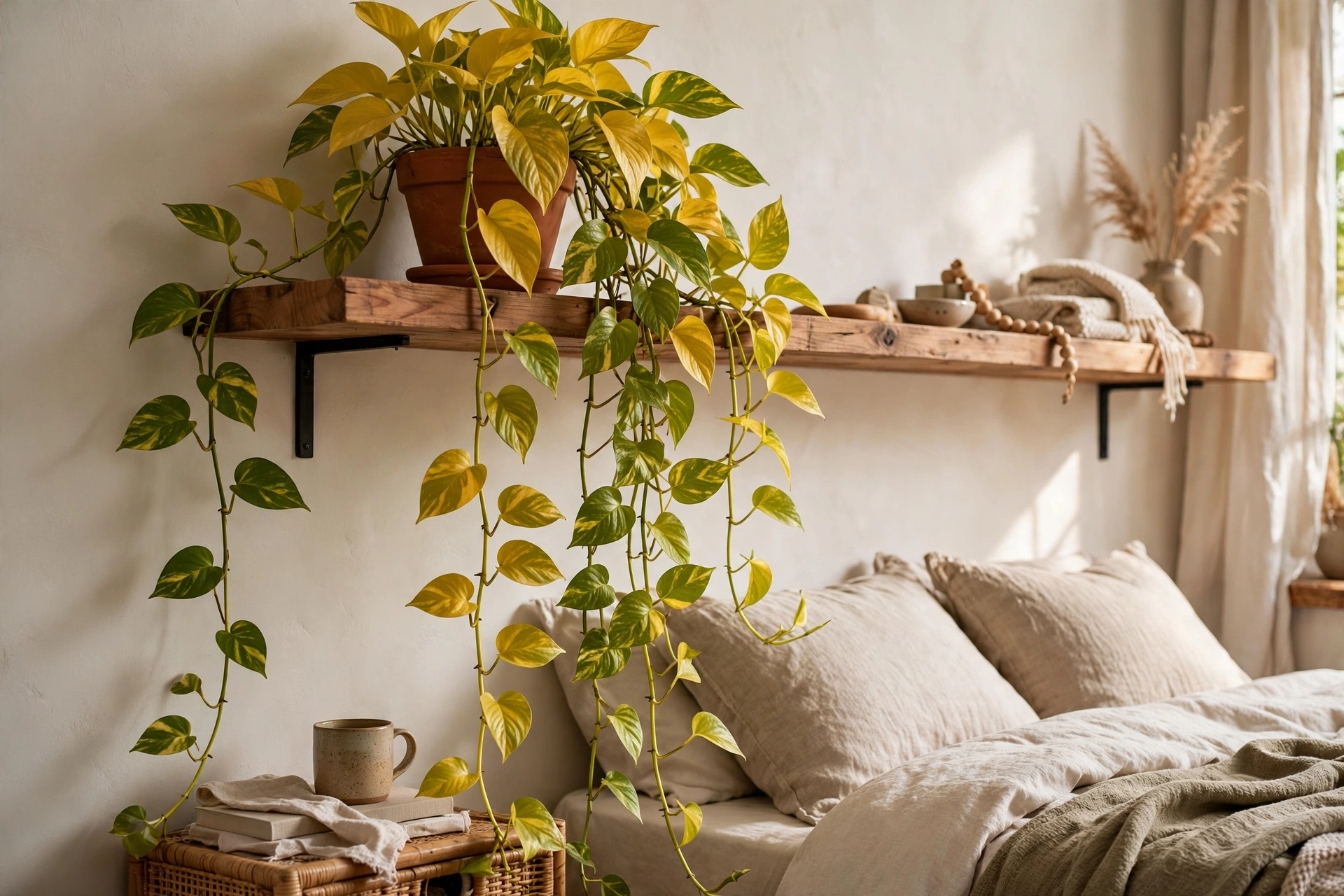 Golden pothos with trailing vines cascading down from a wooden bedroom shelf