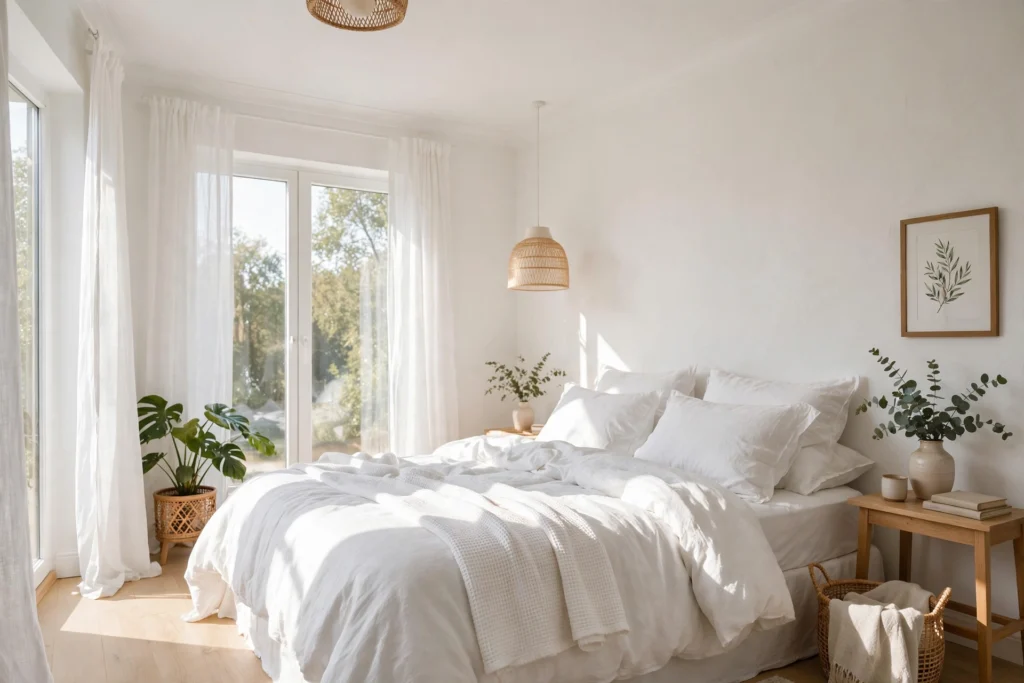 Bright airy bedroom with a crisp white ceiling and sunlit white bedding