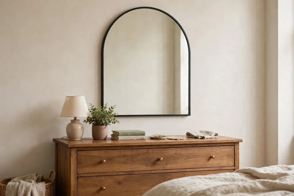Arched mirror hung above a wooden bedroom dresser at eye level, styled with a small lamp and plant