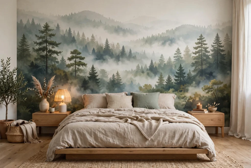 Bedroom with a misty forest landscape mural on the wall behind a low bed