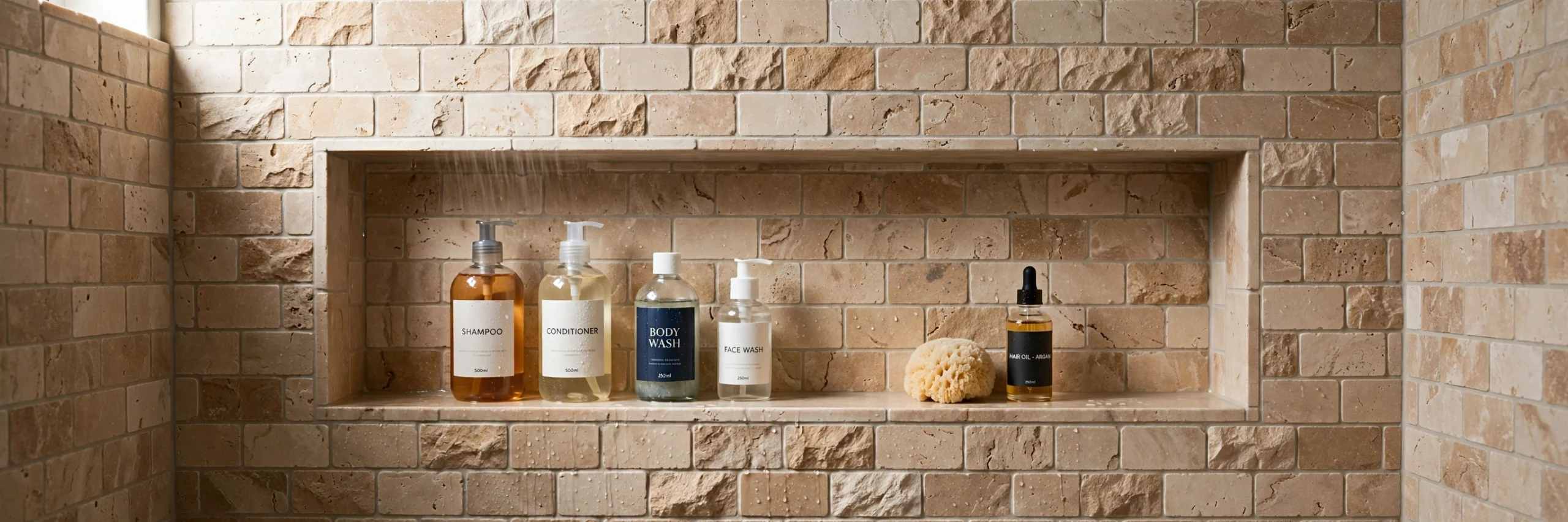 Wide horizontal shower niche holding bottles across a tiled shower wall