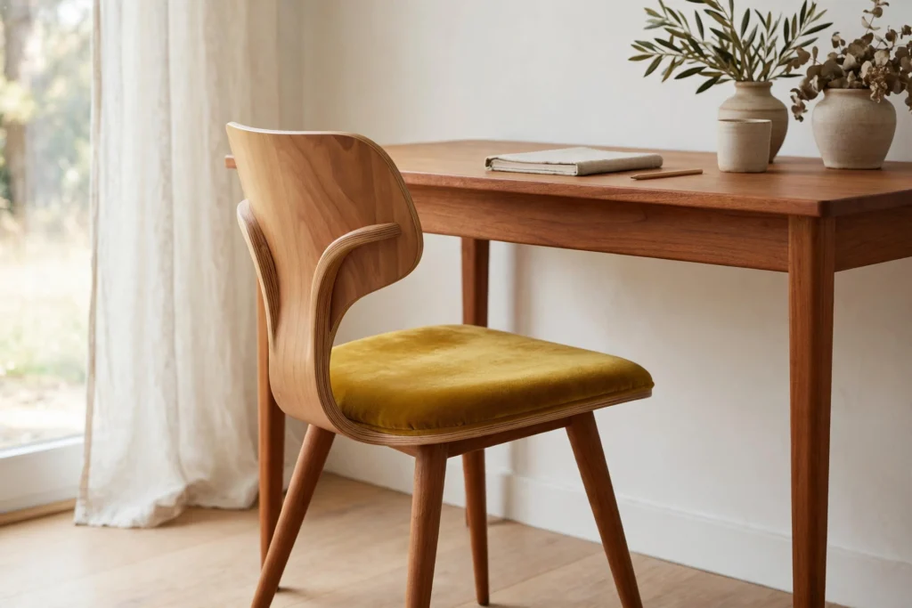 Mid-century desk chair with tapered splayed legs and mustard velvet upholstery at teak desk