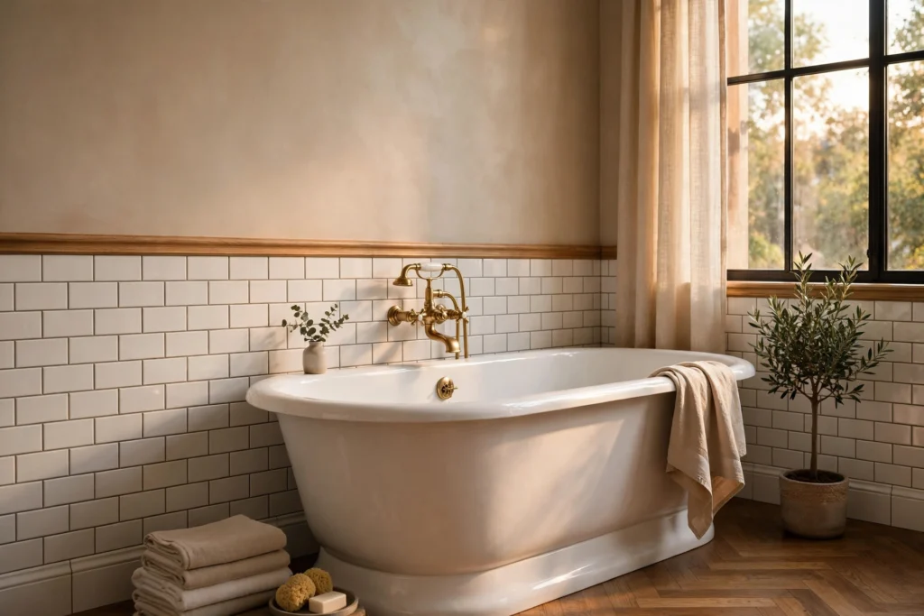 Subway tile wainscoting with chair rail behind a bathroom tub