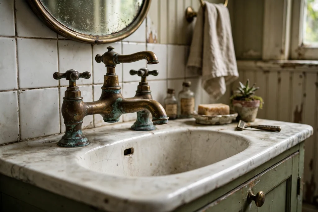 Unlacquered brass faucet with a rich aged patina in a vintage bathroom