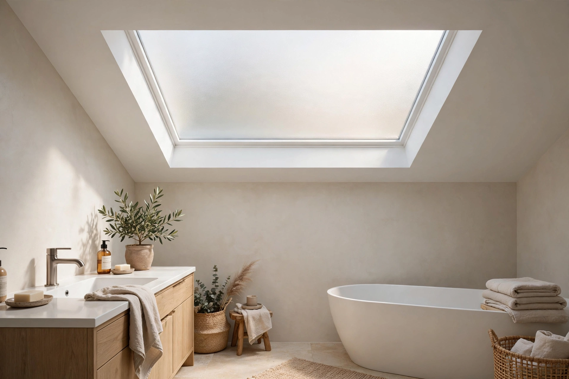 Bathroom skylight with frosted privacy glass diffusing soft daylight