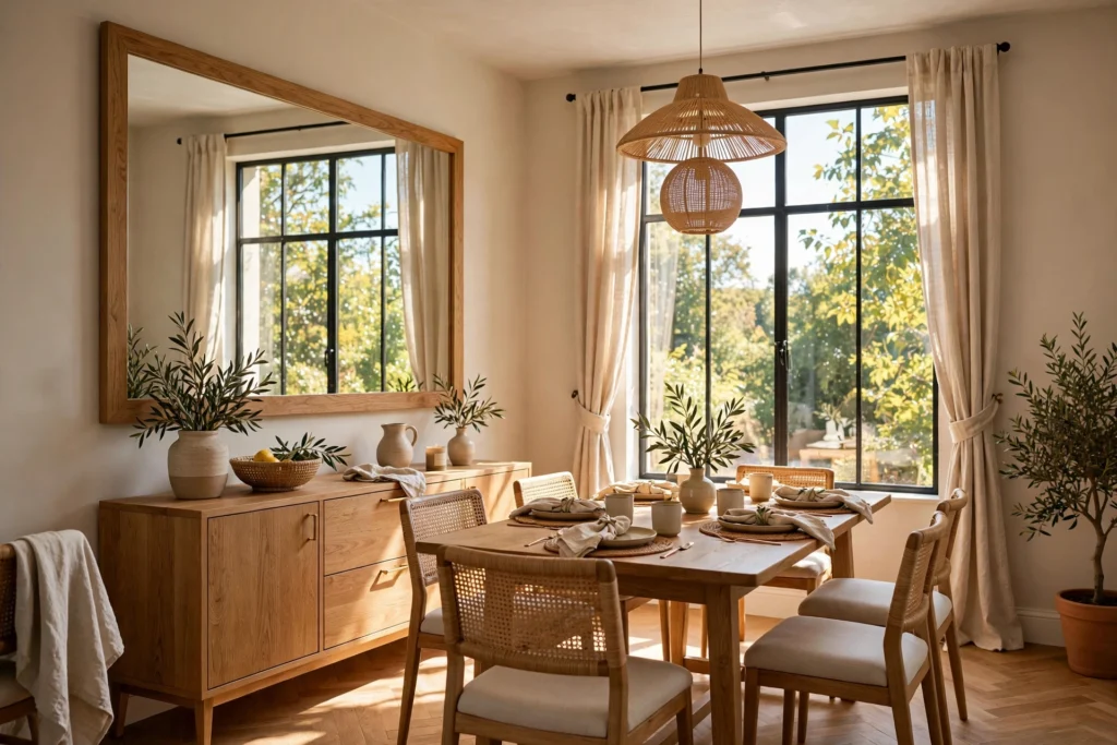 Dining room mirror hung directly opposite a bright window to bounce daylight
