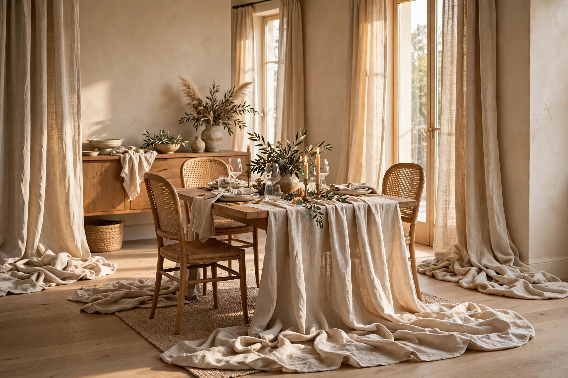 Romantic dining room with pooling natural linen curtain panels