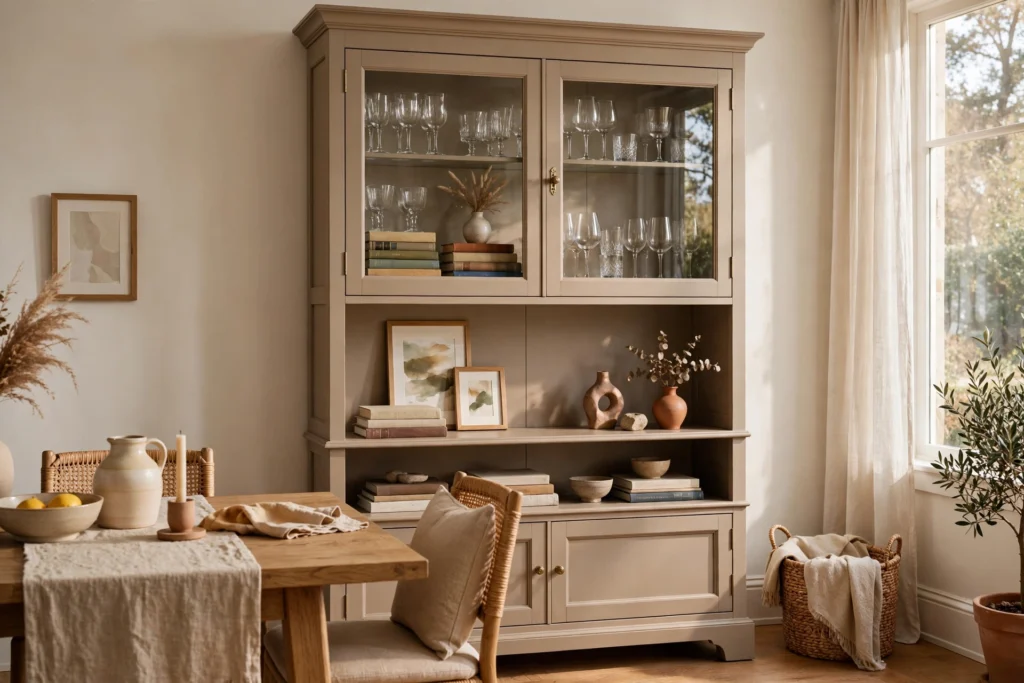 Styled china cabinet mixing glassware with stacked books and small art
