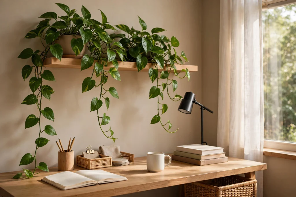 Trailing pothos plant cascading from a wall shelf above a desk